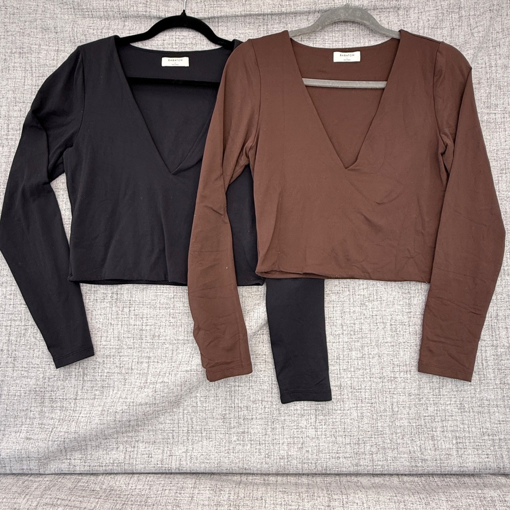 Babaton Contour V-Neck Long Sleeve Crop Top Bundle Black Brown Size L 2 Pack